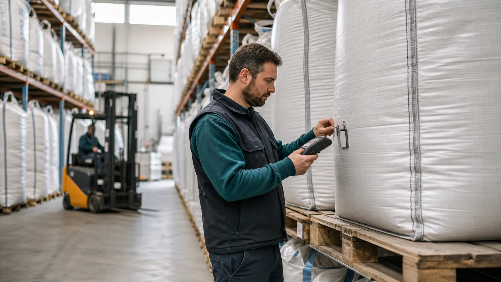 Operatore con lettore RFID tra pallet di big bag in un magazzino logistico